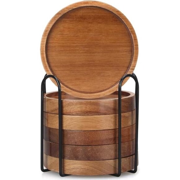 Acacia Wood Coasters Set with Holder Rustic Drink Coasters for Coffee Table Bar - Picture 5 of 8